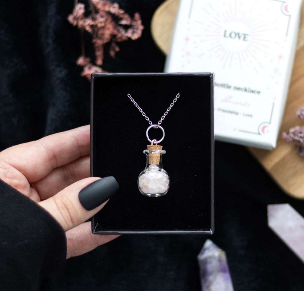 LOVE ROSE QUARTZ CRYSTAL CHIP POTION BOTTLE NECKLACE